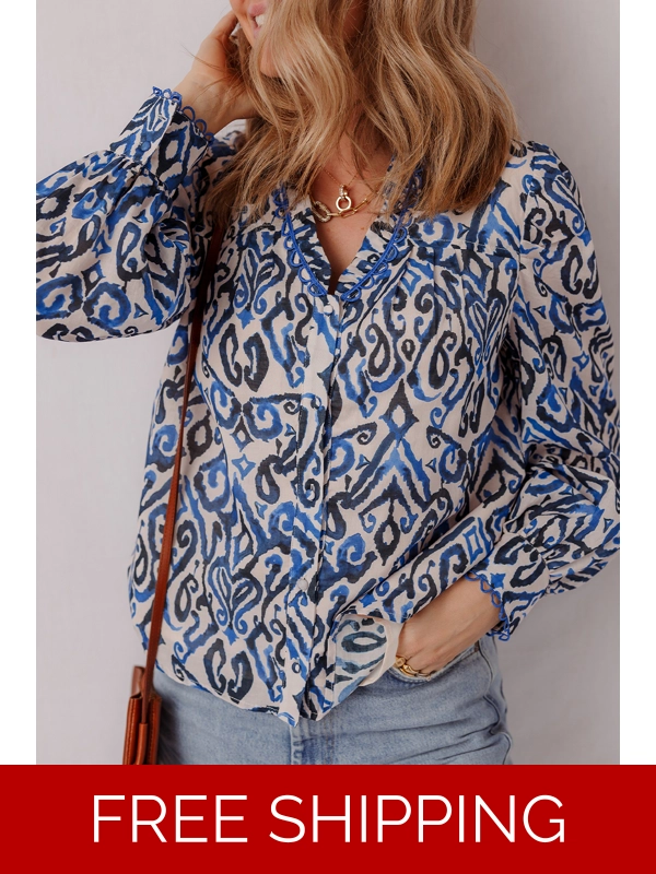 Blue Bohemian Print Embroidered V Neckline Detail Long Sleeve Shirt